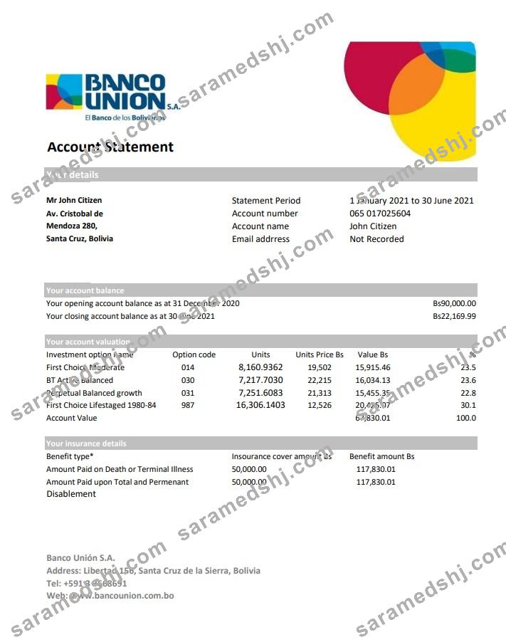 Bolivia Banco Union bank statement easy to fill template in Excel and PDF format (AutoSum)